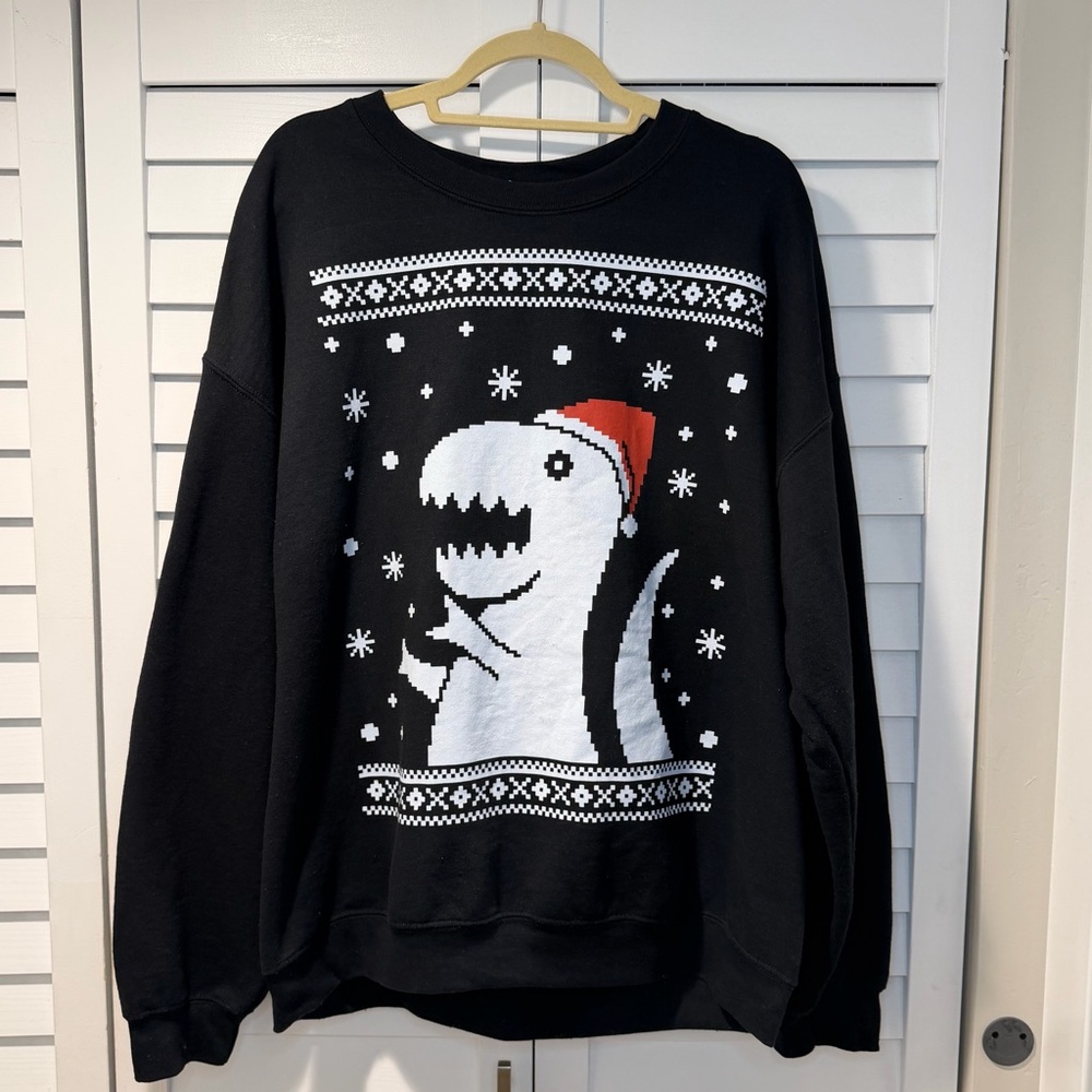 Dinosaur Santa Hat Ugly Christmas‎ Sweatshirt Black XL Gildan Heavy Blend
